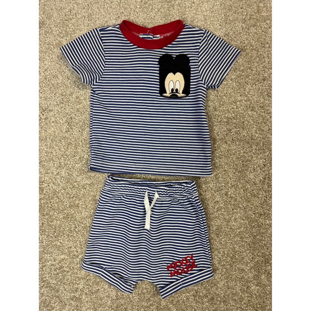 Disney Baby Mickey Mouse Striped Shirt and Shorts Set Blue White 6-9M